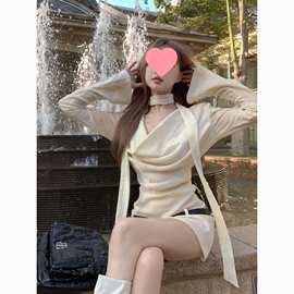 辣妹荡荡领长袖连衣裙女秋冬季气质感小个子修身收腰包臀短裙