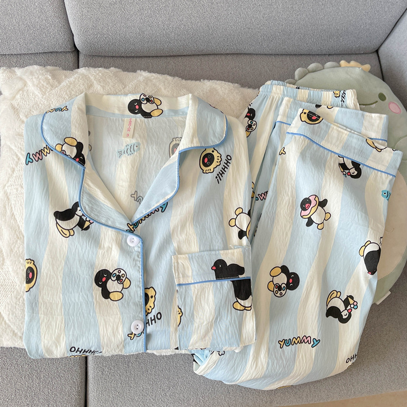 扎染条纹云朵纯棉纱睡衣女春秋季长袖简约可外穿开衫家居服夏套装|undefined