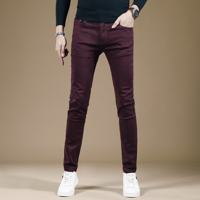 Autumn and winter men's jeans men's slim fit skinny wine red stretch 2023 new autumn high-end casual pants