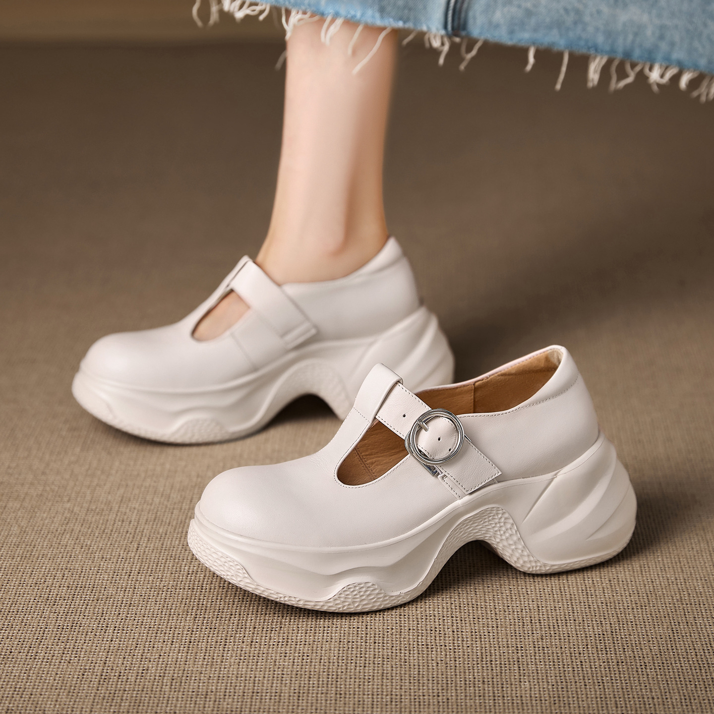 Giày Mary Jane nữ đế dày gót cao da bò mũi tròn — đen