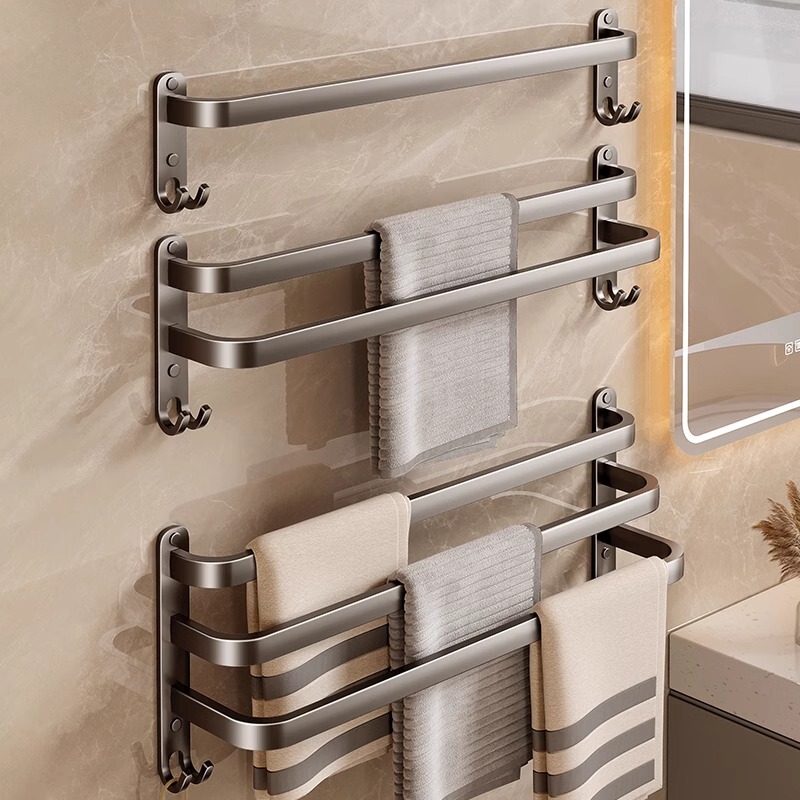 Space Aluminum Punch-Free Towel Rack Single Rod Multi-Functional Storage Rack Bathroom Multi-Layer Bath Towel Hanging Rod Bathroom Rack