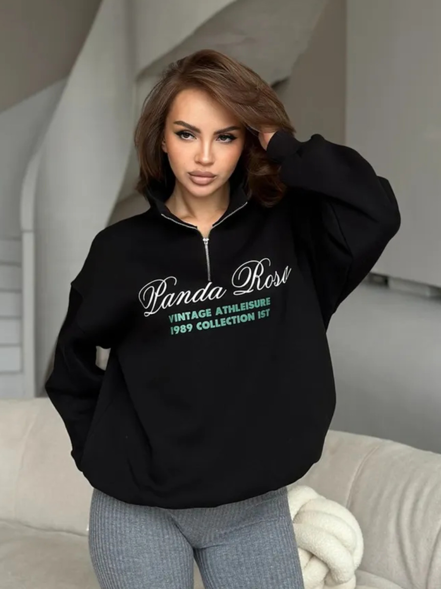 Felpa con cappuccio, mezza zip, calda, larga, foderata in pile, autunno-inverno, versatile, con stampa sul davanti_voghion.com