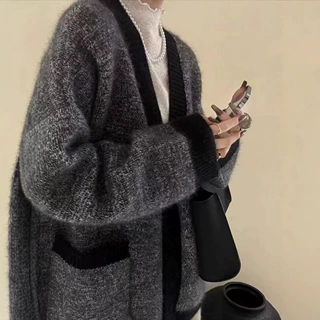 秋冬新款羊毛开衫女 减龄v领中长款加厚AB纱毛衣百搭温柔羊毛外套