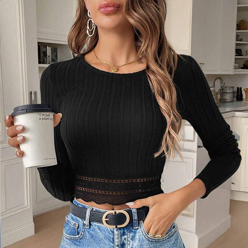 Voya Women's Simple And Versatile T-shirt With Spring And Summer Lace And Lace Trim, Slim Fit, Short Length, Long Sleeved Inner Top_ecoleips.com