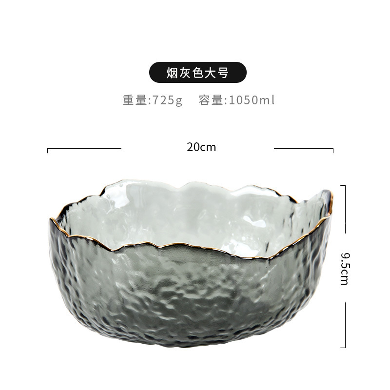 Venta al por mayor estilo nórdico patrón de martillo transparente borde dorado ensaladera de vidrio hogar plato de fruta de postre de alto aspecto vegetal