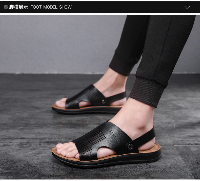 Dép sandal nam cỡ lớn hở ngón da PU chống trơn trượt, thoáng khí đi biển — Nâu Đen, Xanh lam đậm, Xám đậm, Đỏ rượu chi tiết 10
