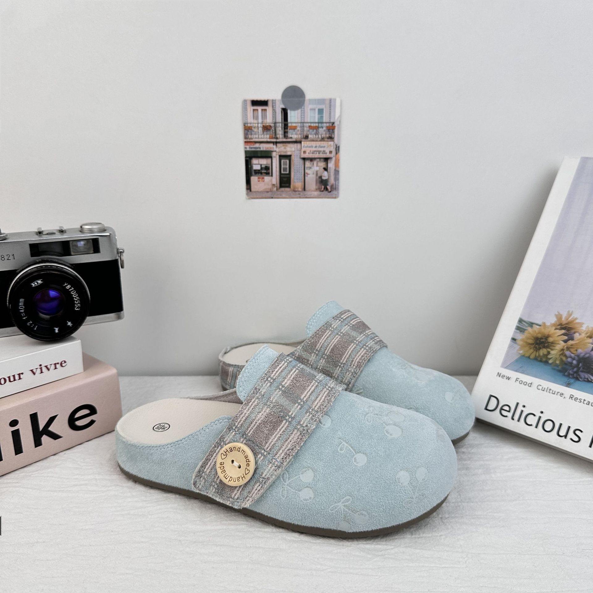 Yuanbo impresión de cereza cabeza media zapatillas mujeres 2025 verano nuevos zapatos Birken perezosos un pie sandalias