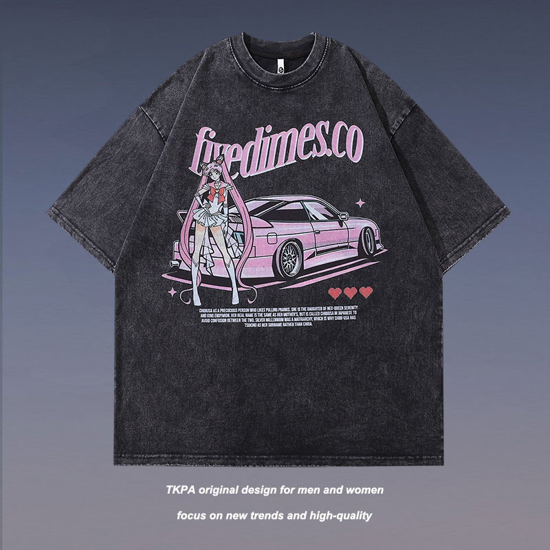 TKPA American Style Retro Street Sweet Cool Cartoon Short-sleeved T-shirt for Men and Women hiphop Street Dance Couple Half-sleeved Tee-shirt