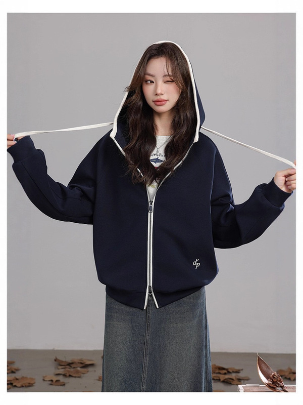 又巷【洒脱自如】卫衣外套2025秋季新款时尚藏蓝色休闲连帽上衣女|undefined