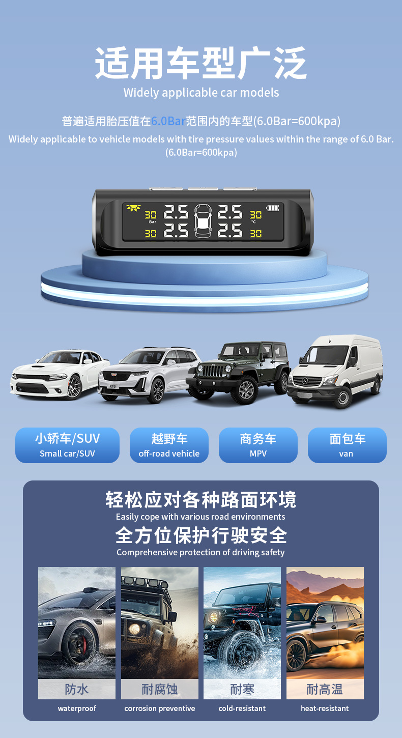 Car Tire Pressure Monitor Solar-Powered Wireless Tire Pressure and Temperature Real-Time Tire Detection System for Four Wheels, Internal and External