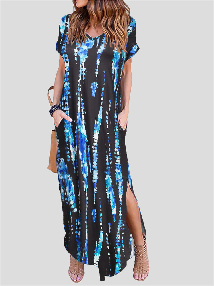 print short sleeve loose slit long Dress NSSRX129104