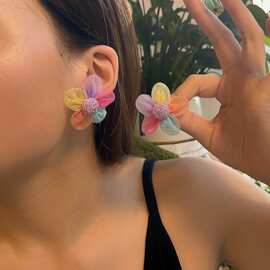仙气甜美网纱花朵简约耳钉彩色布艺拉菲草花朵波西米亚风耳环