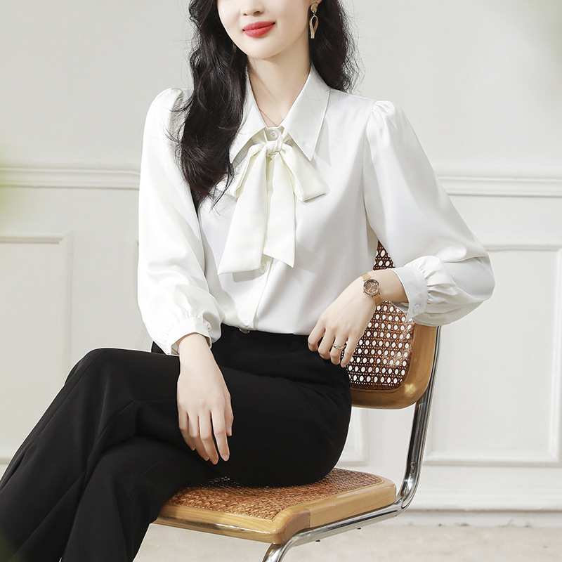 Autumn elegant white professional shirt with bow