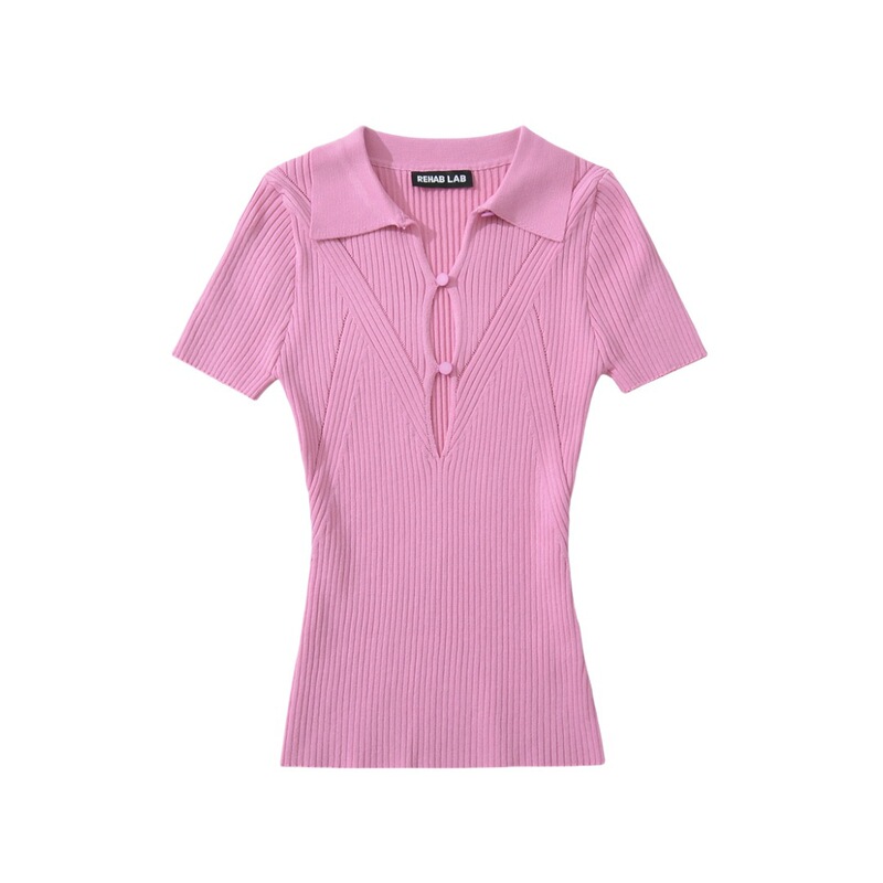 Ins Sexy Slim Fit Short-Sleeved T-Shirt Women's Lapel Chest Cut Out Pit Strip Knitwear Top Wholesale Ins Sexy Slim Fit Short-Sleeved T-Shirt Women's Lapel Chest Cut Out Pit Strip Knitwear Top Wholesale