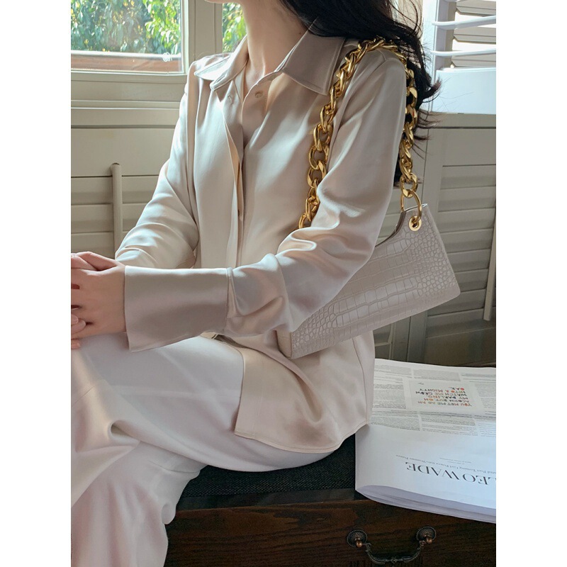 Niche chic top V-neck satin shirt new commuter acetate Drape white shirt thin summer women's