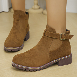 Cross-border plus size women's boots 2024 autumn and winter new martin boots low heel square heel belt buckle short tube elastic sleeve suede