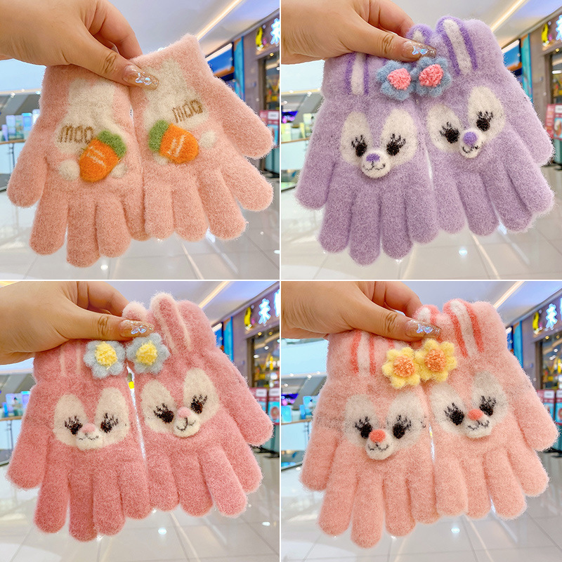 Children's Gloves Autumn and Winter Girls Cute Knitted Five-Finger Warm Sub-Finger Boys' and Girls' Cartoon Baby Five-Finger Set