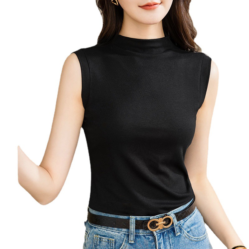 Camisola para mujer, nuevo estilo 2025, elegante camisa básica con cuello medio alto, color sólido, top sin mangas elástico.