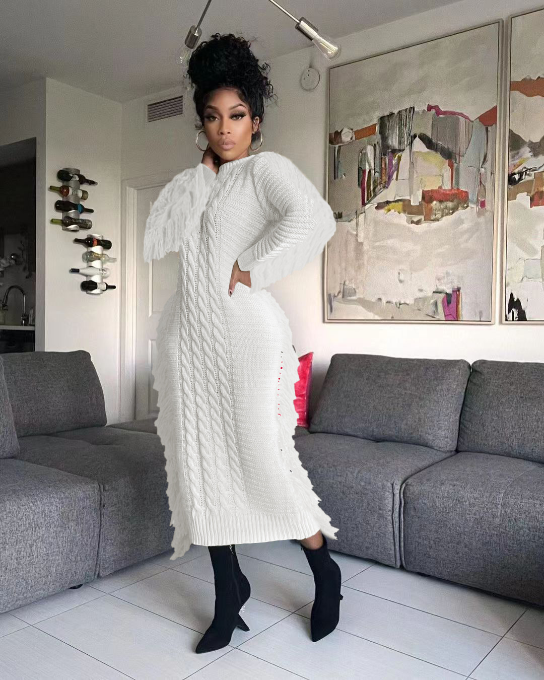 Robe pull femme avec franges longues en maille pour l'hiver_voghion.com