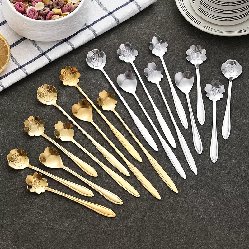 不锈钢勺子樱花勺花瓣长柄咖啡勺家用高颜值马克杯燕窝勺搅拌勺