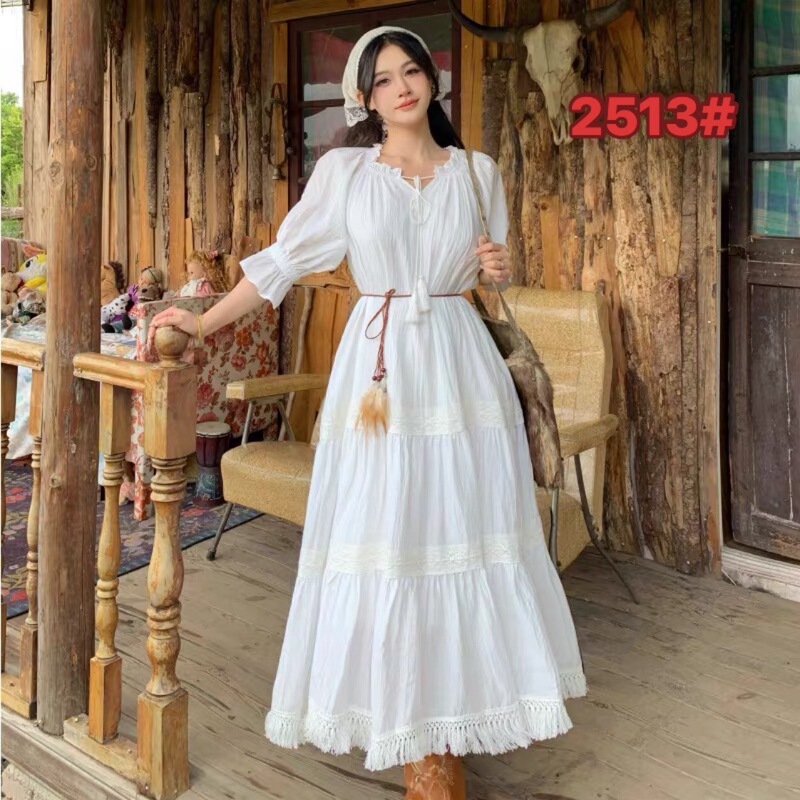 Xinjiang Xizang Bohemian Long Dress, Super Fairy-Like Travel Vacation Outfit, Retro Tassel Ethnic Style Cotton and Linen Dress