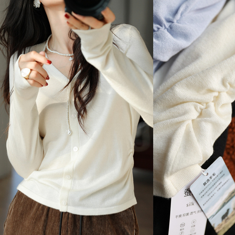 BE914 Machine Washable Mulberry Silk Wool Small Waist Pinch Pleated Waist Slimming V-Neck Knitted Cardigan Long Sleeve Top