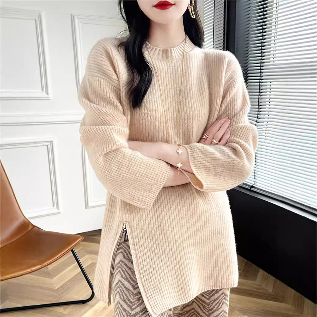 韩版半高领开叉拉链毛衣秋冬纯色元宝针宽松慵懒风中长款针织套头