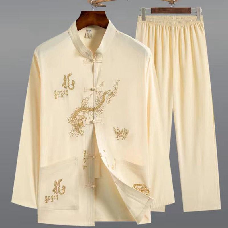 Chinese Style Tang Suit Middle-aged and Elderly Hanfu Dad Spring and Summer Retro Long-sleeved suit Grandpa Suit Morning Exercise Tai Chi Suit