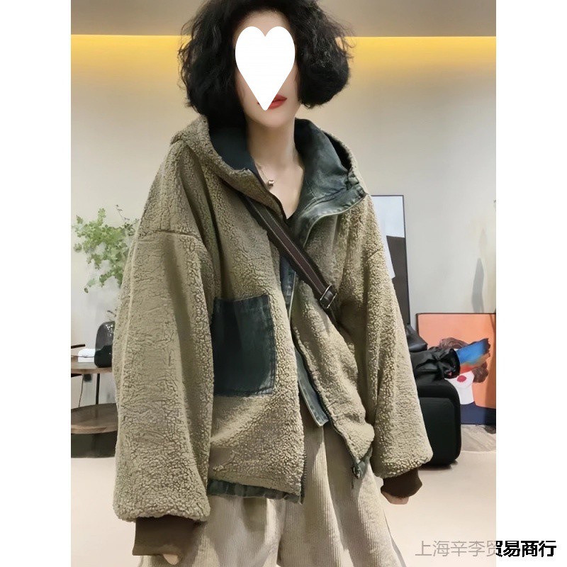 2023韩版时尚两面穿牛仔拼接羊羔毛连帽棉衣外套女保暖加厚上衣