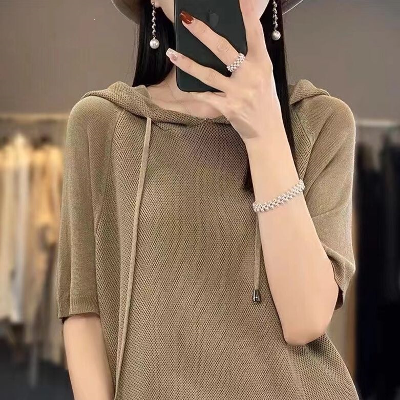100kg Thin Knitted Sweater for Women, Hooded Ice Silk Short Sleeve Top, Loose Fit, New Summer Solid Color Plus Size Sweatshirt