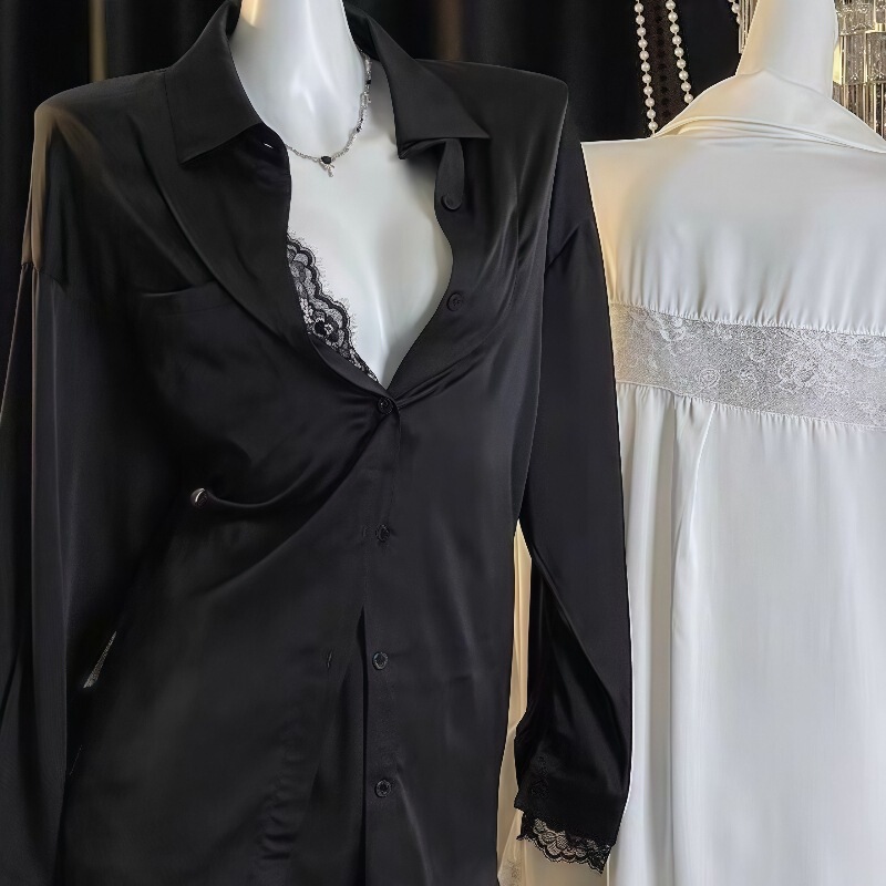 Boyfriend Style Shirt Ice Silk Sexy Plus Size Pajamas Pure Lust Women's Lace Satin Fake Two-Piece Nightgown Home Wear 702