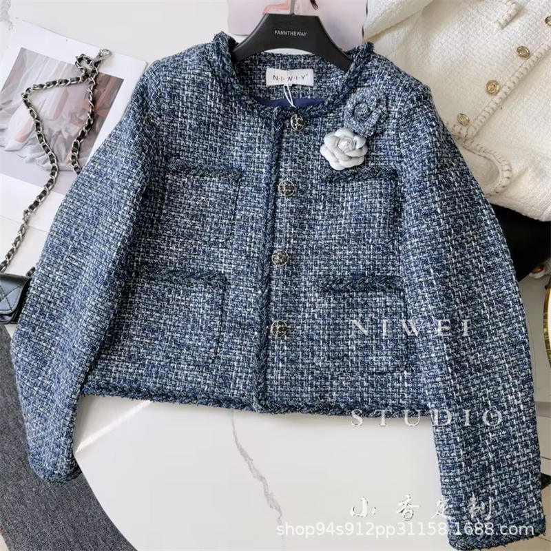 Vintage French-Style Tweed Short Jacket for Women, Retro Denim Blue Chanel-Inspired, Autumn 2025