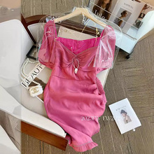 法式感超好看名媛风玫红色连衣裙女夏季2023新款高端轻奢裙子