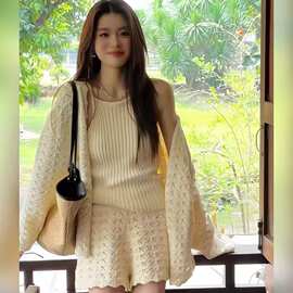 休闲慵懒百搭长袖开衫外套挂脖无袖上衣女春季镂空短裤三件套串珠