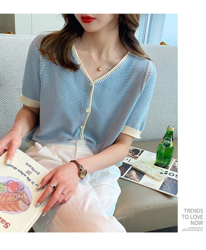 Xiaoxiangfeng short-sleeved tops for women summer thin  new ice silk knitted cardigan small coat v-neck small shirt