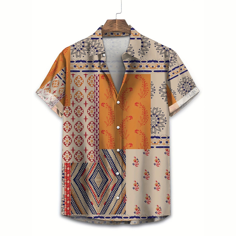 Cross-Border Bohemian Geometric Floral All-Over Print Short-Sleeved Shirt, Color-Blocked Lapel Loose-Fitting Men's Vacation Shirt