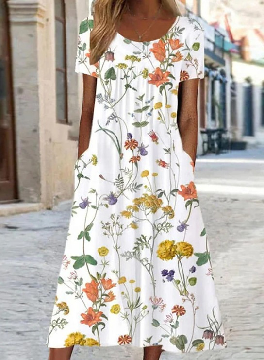 Women's Mid-Waist Summer Casual Round Neck Printed Flared Dress_ecoleips.com