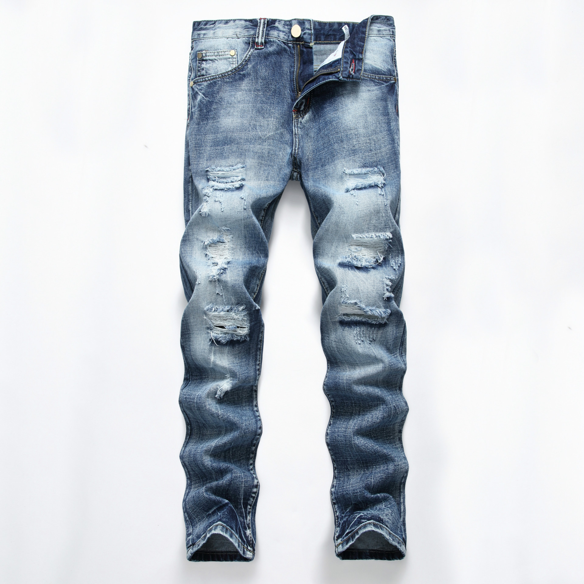 boy Cross-Border Exclusive Foreign Trade Ripped European And American Fashion Slim Fit Trendy Straight Men's Jeans_viptrois.com