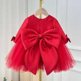 女宝生日一周岁公主裙女童长袖礼服过年主持人小红裙洋气春季