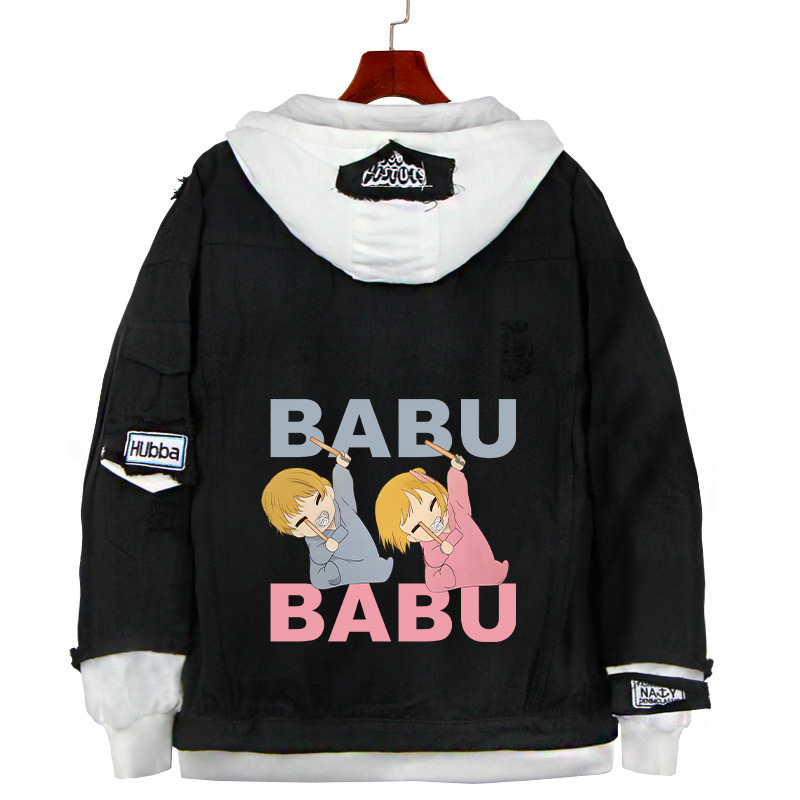 The child I pushed the cartoon black denim jacket OSHI NO KO second-dimensional perimeter fake two-piece sweater jacket