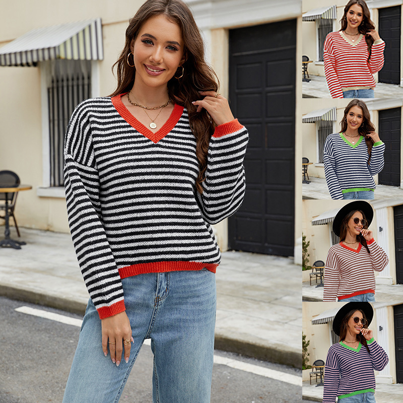 Cross-border European and American Women's Casual Striped Pullover Sweater Autumn and Winter New Fashion Contrast Color V Collar Knitted Sweater Factory Cross-border European and American Women's Casual Striped Pullover Sweater Autumn and Winter New Fashion Contrast Color V Collar Knitted Sweater Factory