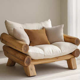 侘寂风实木沙发床老榆木单人休闲椅客厅打坐禅意盘腿打坐靠背家具