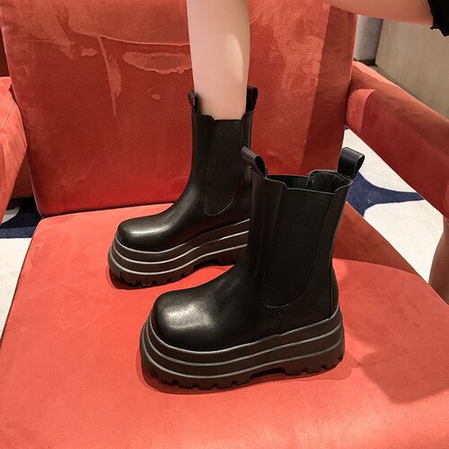 Women's Short Boots New Spring Thick Sole Slimming Mid-Calf Boots Chelsea Cylinder Boots