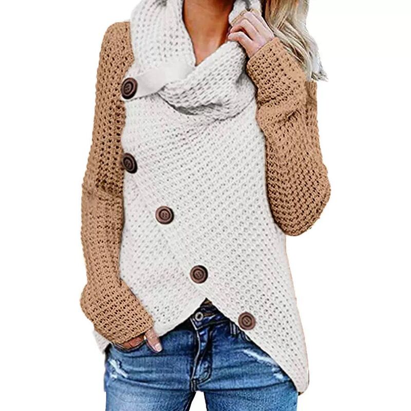 Knitted Sweater European and American Autumn and Winter Tops and Jackets New Five-Button Contrasting Color Matching Turtleneck Pullover Women's Sweater Cross-Border Bottoming