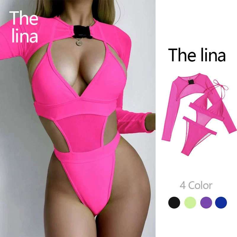 Пляжный костюм с длинными рукавами для женщин (The lina) — набор на 4 предмета, сетчатые вставки, европейский стиль