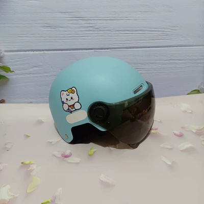 Motosiklet kaskı (dəbilqə) — anti-fall summer adjustable helmet - writing-cat-light-blue-black-short-7-15-years-old