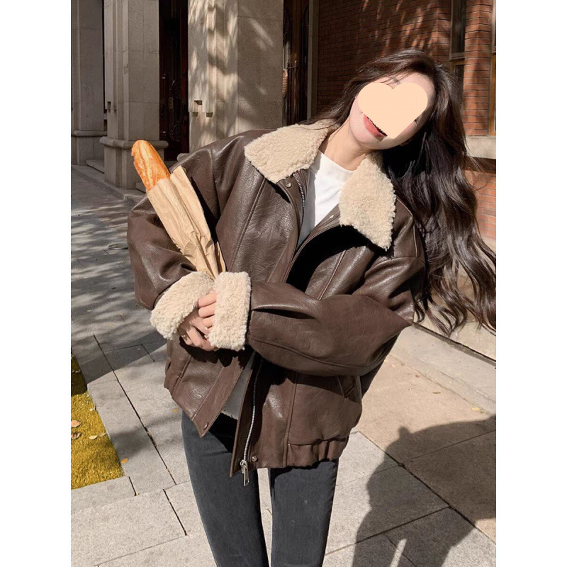 美式复古咖色机车皮衣外套女冬季加绒加厚新款羊羔毛拼接保暖宽松|undefined