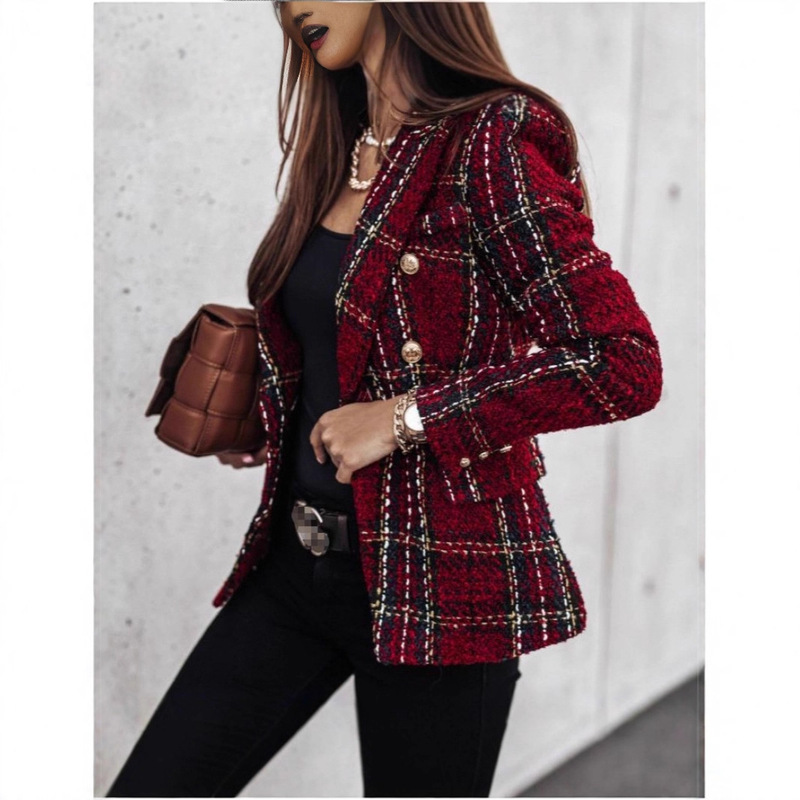 2025 European and American Cross-Border Independent Station Wish Autumn and Winter New Long-Sleeved Double-Breasted Suit Collar Printed Small Jacket Women's Clothing