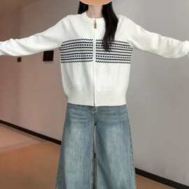 费尔岛提花拉链针织开衫女2026春季新款大码胖MM宽松显瘦毛衣外套