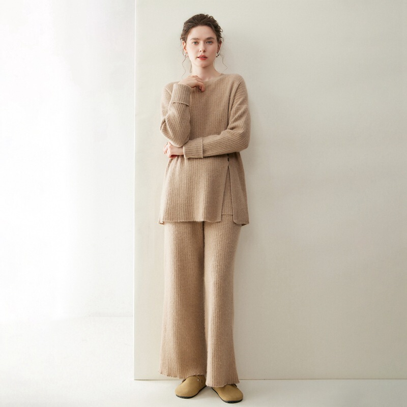 Light Luxury Casual Cashmere Suit Women's Round Neck Pullover Long-Sleeved Sweater Wide-Leg Pants 2025 Autumn and Winter New Two-Piece Set